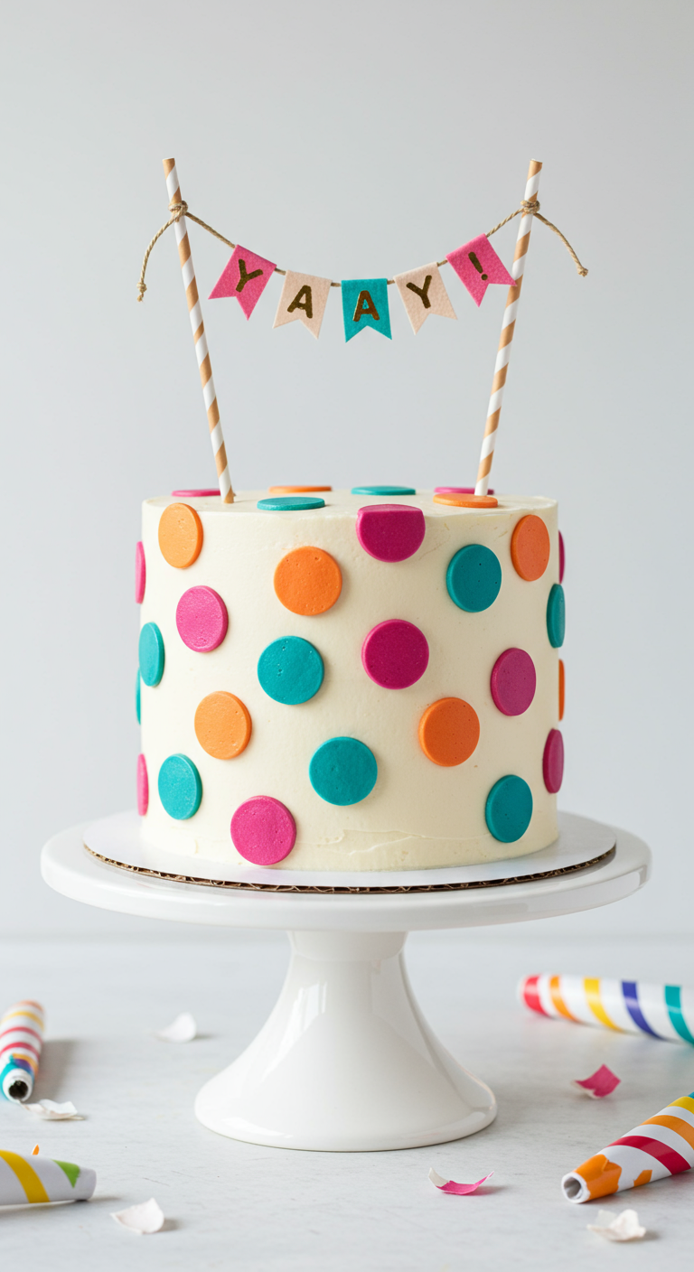 Weiße Buttercreme-Torte mit bunten Punkten und 'YAY'-Wimpelketten-Topper.
