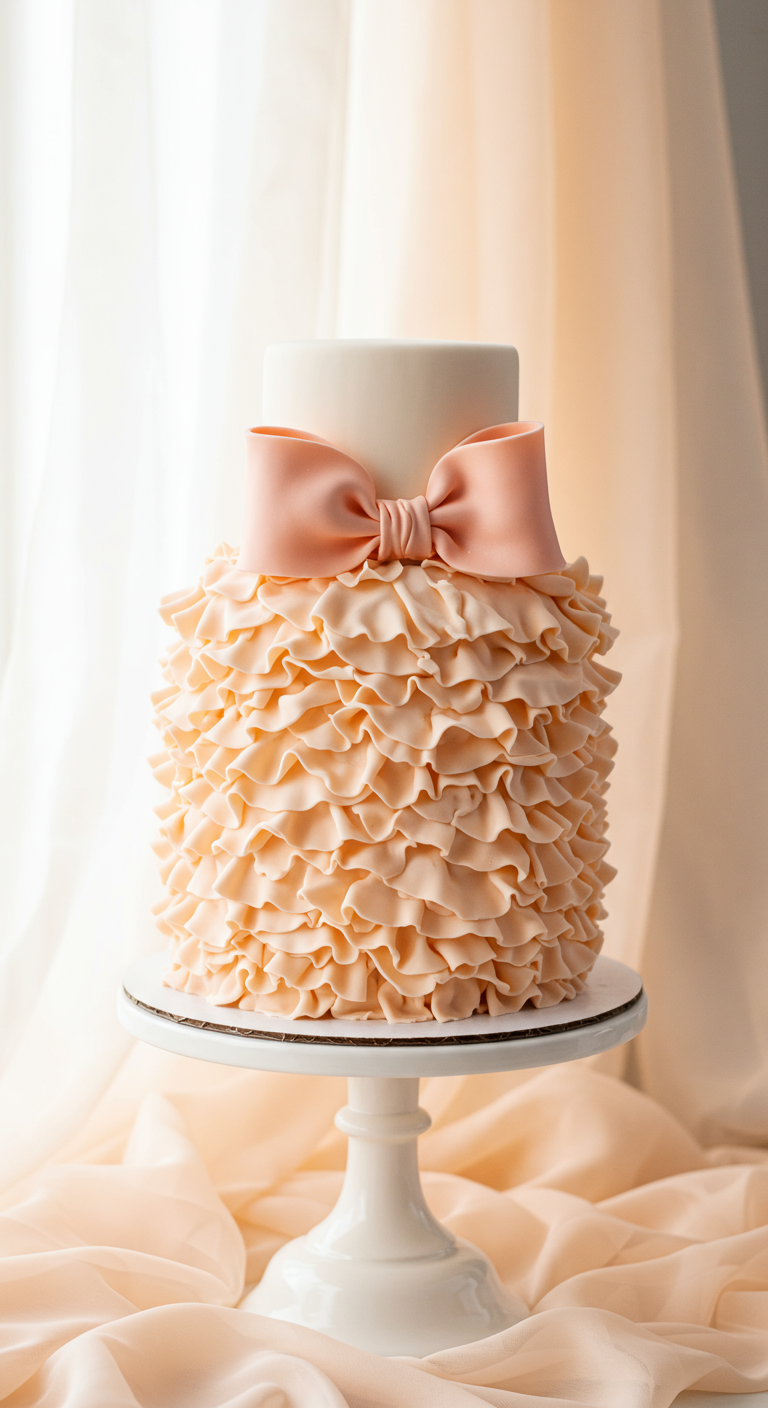 Pfirsichfarbene Torte mit Buttercreme-Rüschen und großer Fondantschleife.