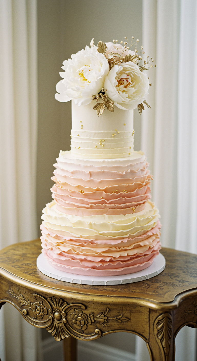 Dreistöckige Torte mit weißen und pfirsichfarbenen Ombré-Rüschen und weißen Pfingstrosen.