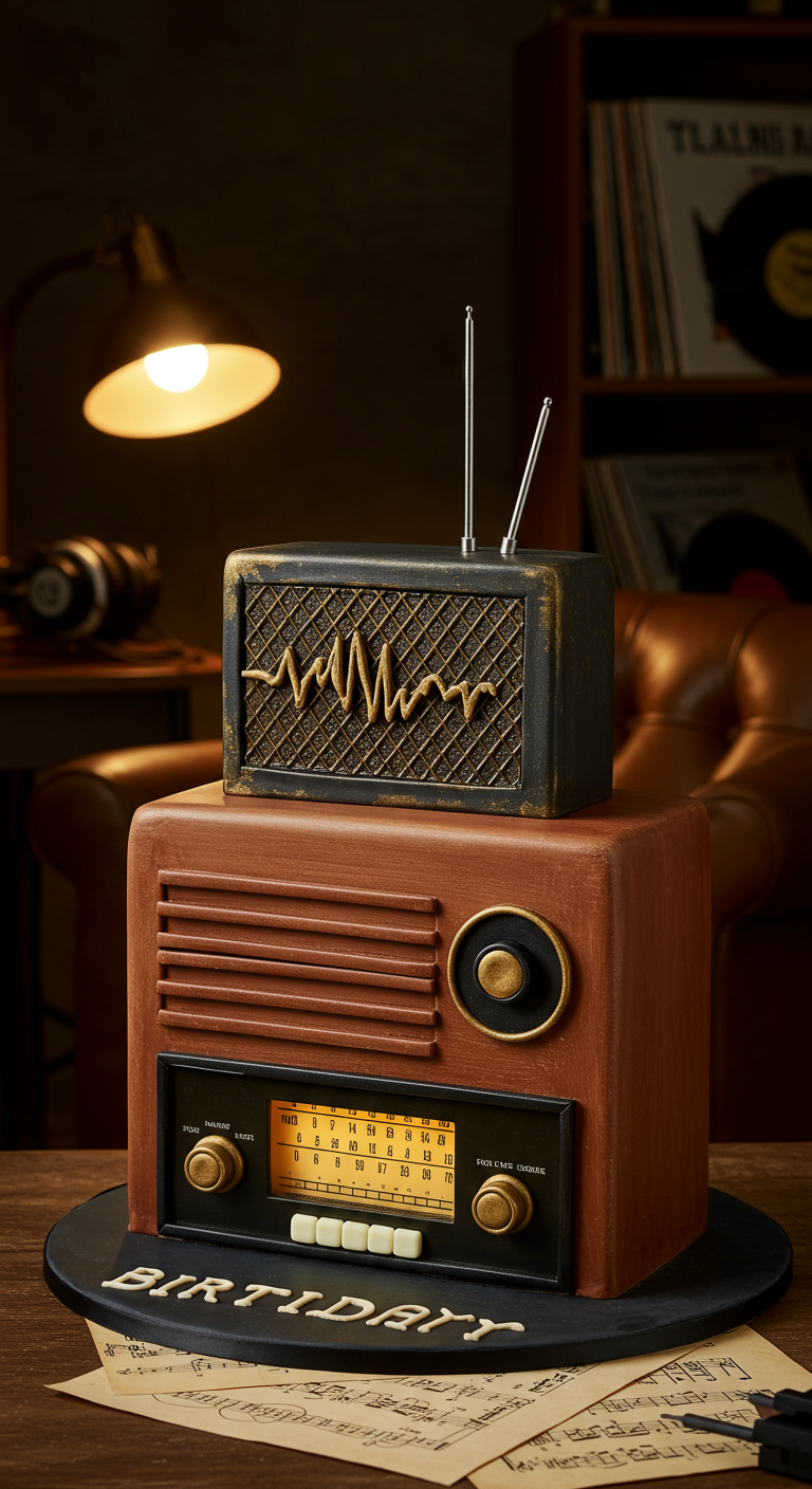 Torte in Form eines alten Radios und eines Lautsprechers, mit