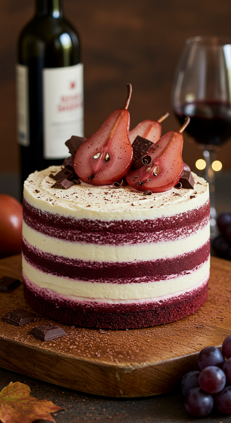 Red Velvet Torte mit pochierten Rotweinbirnen und Schokostückchen.