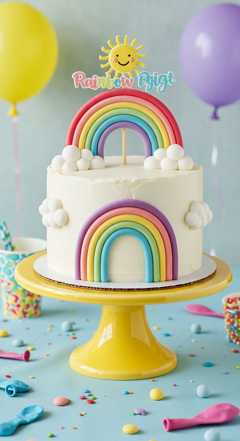 Weiße Torte mit zwei Fondant-Regenbögen, Wolken und