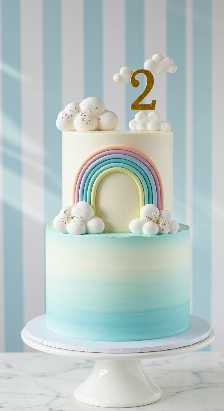 Zweistöckige Torte mit pastellfarbenem Regenbogen, Wolken und goldener Zwei.