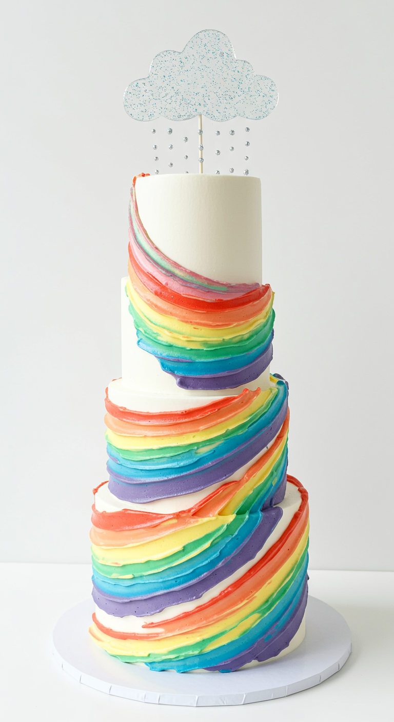 Dreistöckige weiße Torte mit diagonalen Regenbogenstreifen aus Buttercreme und Wolken-Topper.
