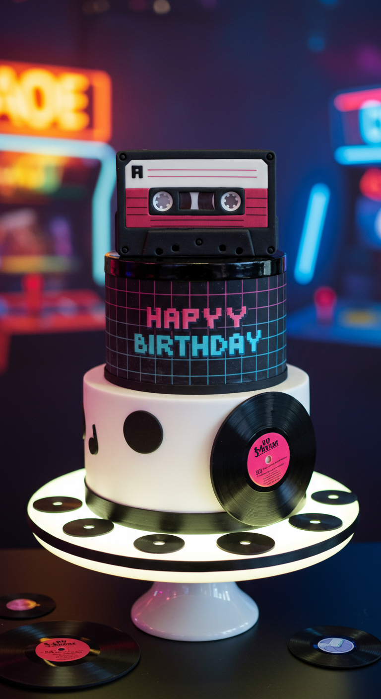 Zweistöckige Retro-Torte mit Kassette, Schallplatte und Pixel-Schrift.