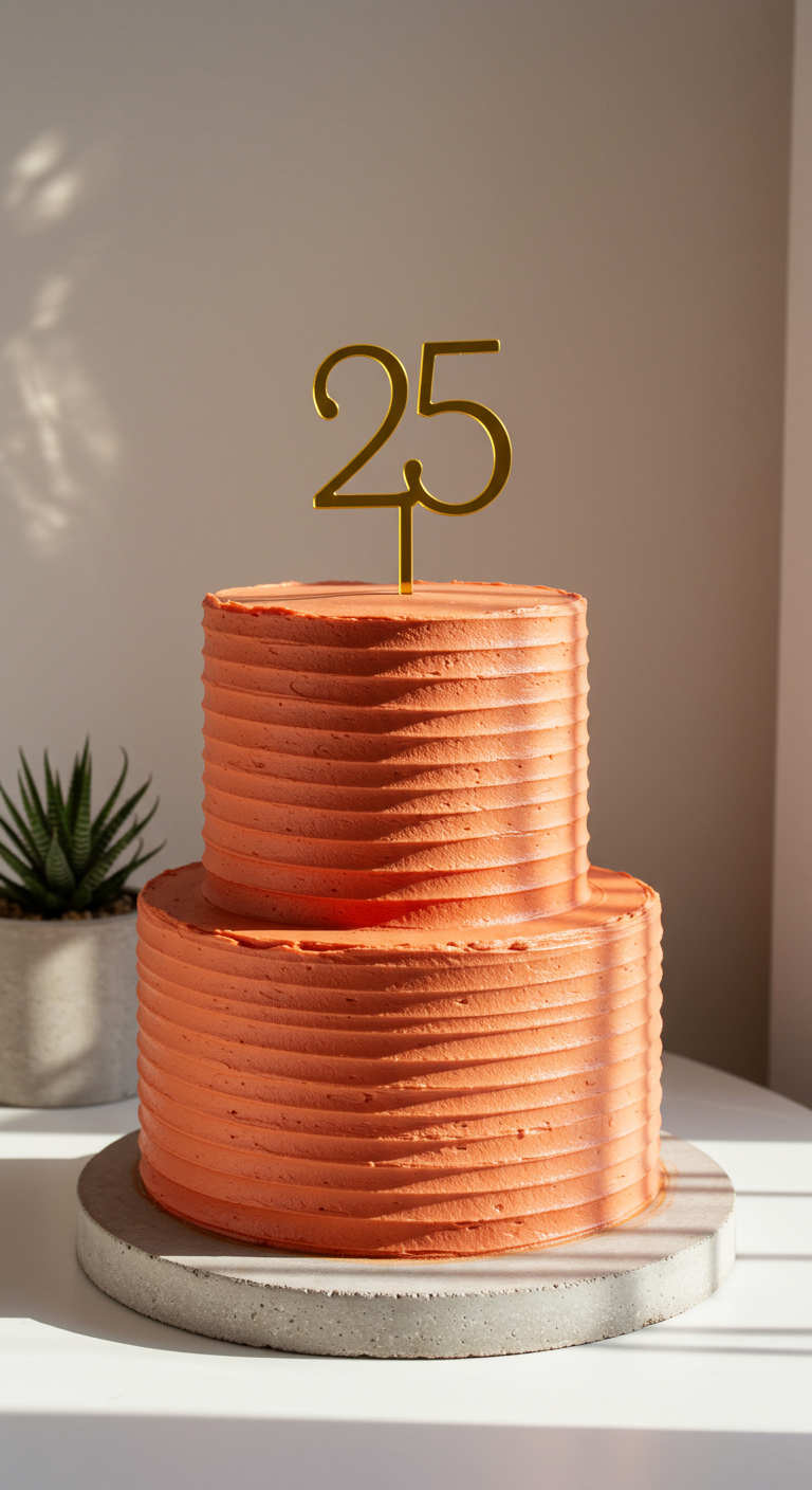 Zweistöckige korallfarbene Torte mit horizontalen Rillen und goldenem