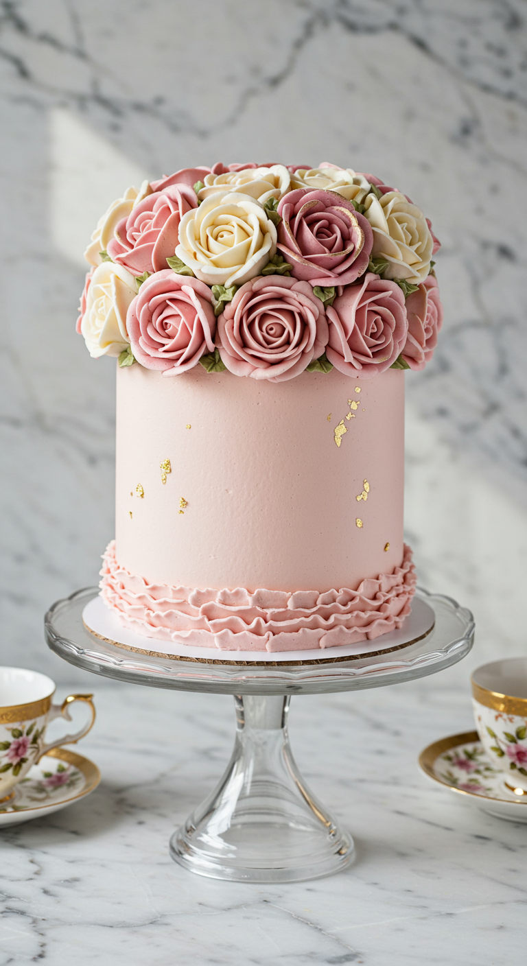 Rosa Torte mit einem Bouquet aus Buttercreme-Rosen.