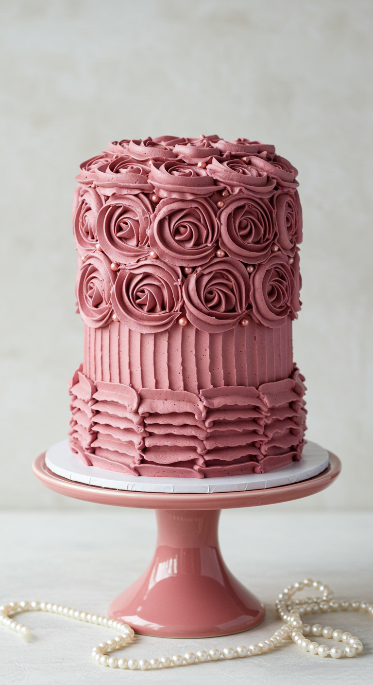 Rosafarbene Torte komplett mit Buttercreme-Rosen und -Rüschen verziert.