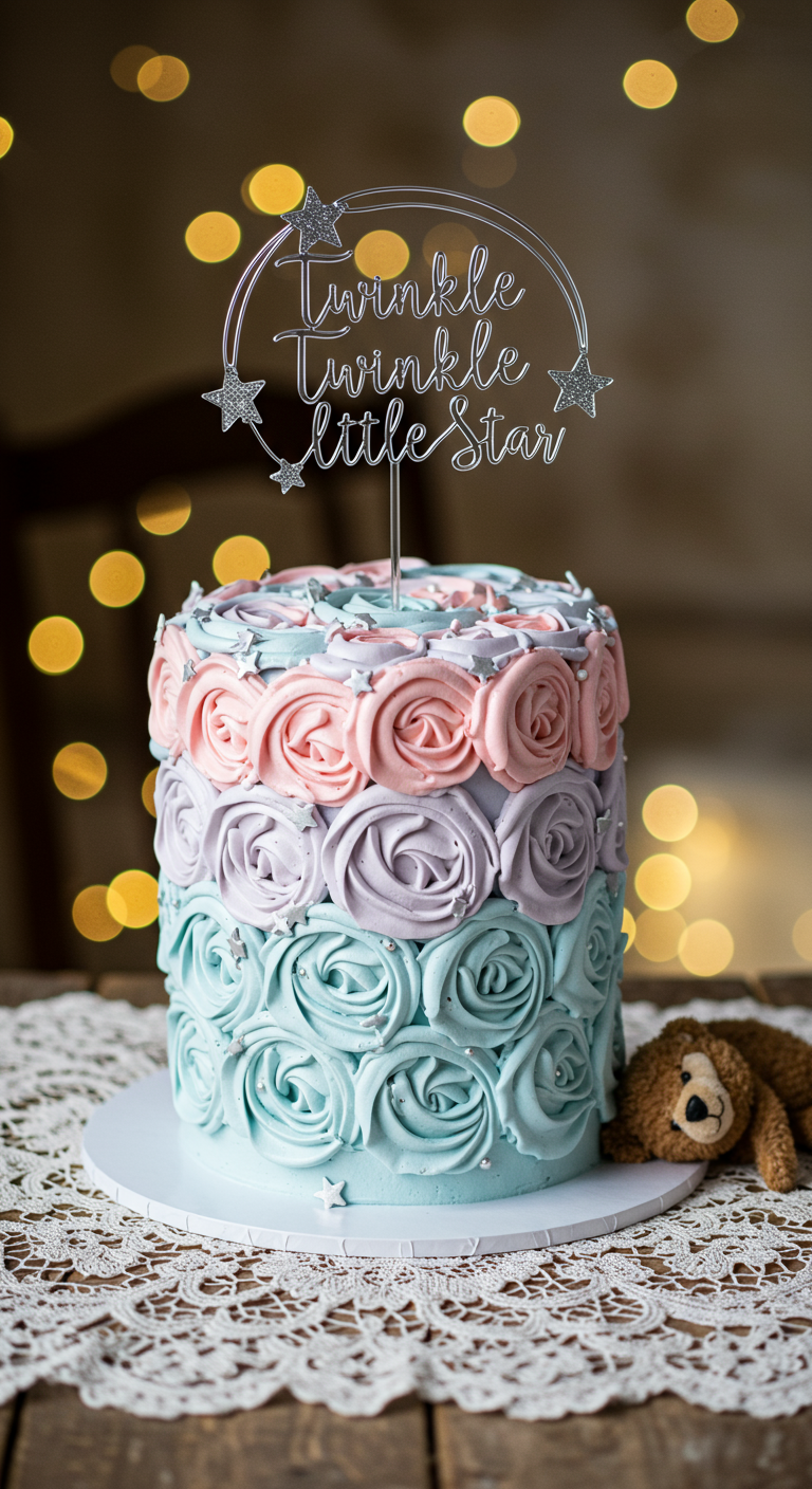 Pastellfarbene Torte mit Buttercreme-Rosetten und Sternen-Topper.