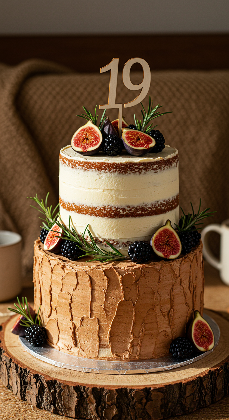 Zweistöckige Semi-Naked-Torte mit frischen Feigen, Brombeeren und Rosmarinzweigen.