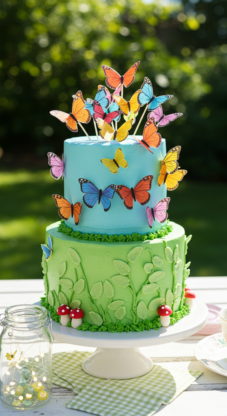 Zweistöckige Torte in Hellblau und Grün, über und über mit bunten Esspapier-Schmetterlingen verziert.