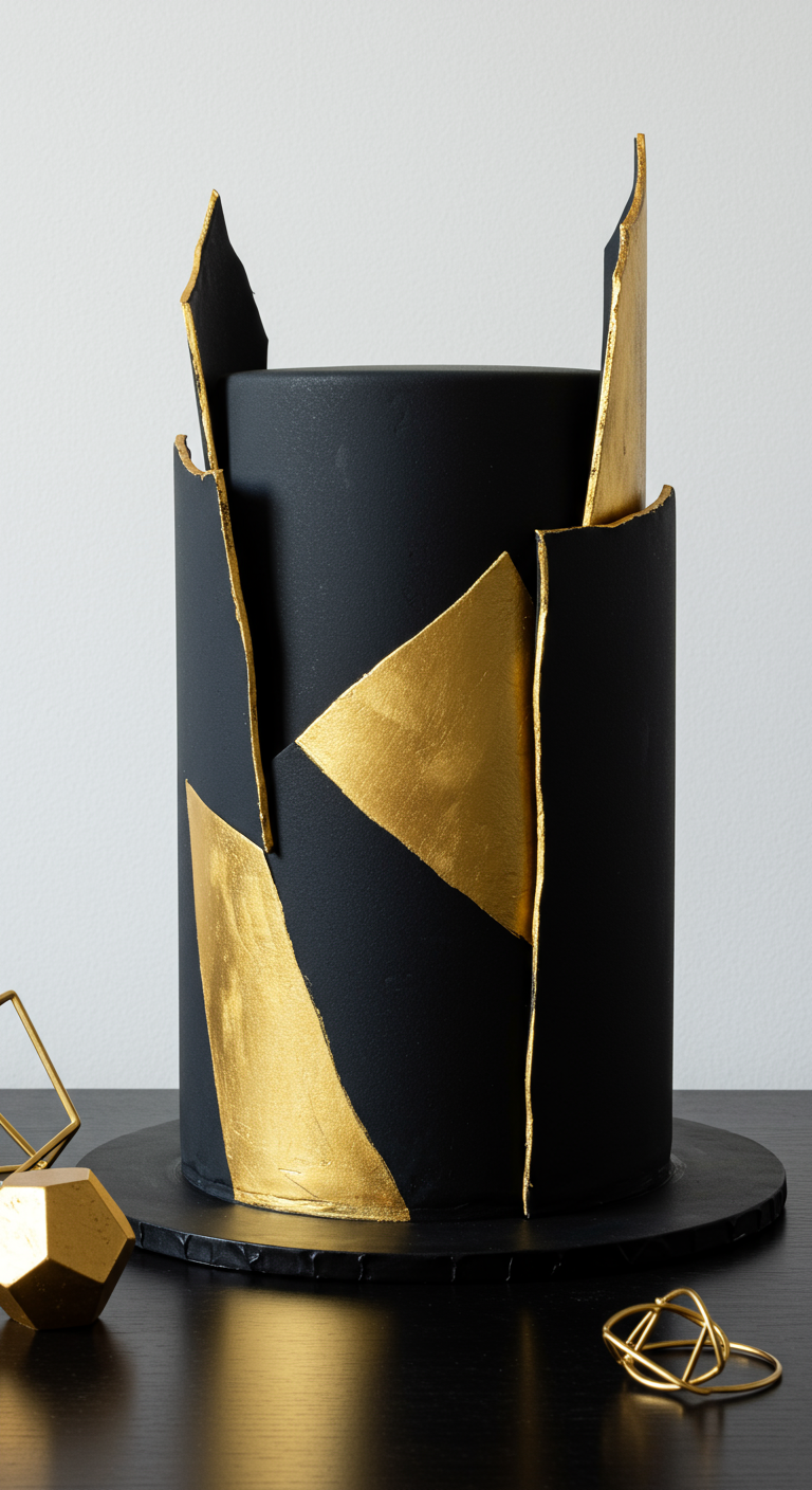 Schwarze Torte mit geometrischen Gold-Fragmenten, moderner Look.