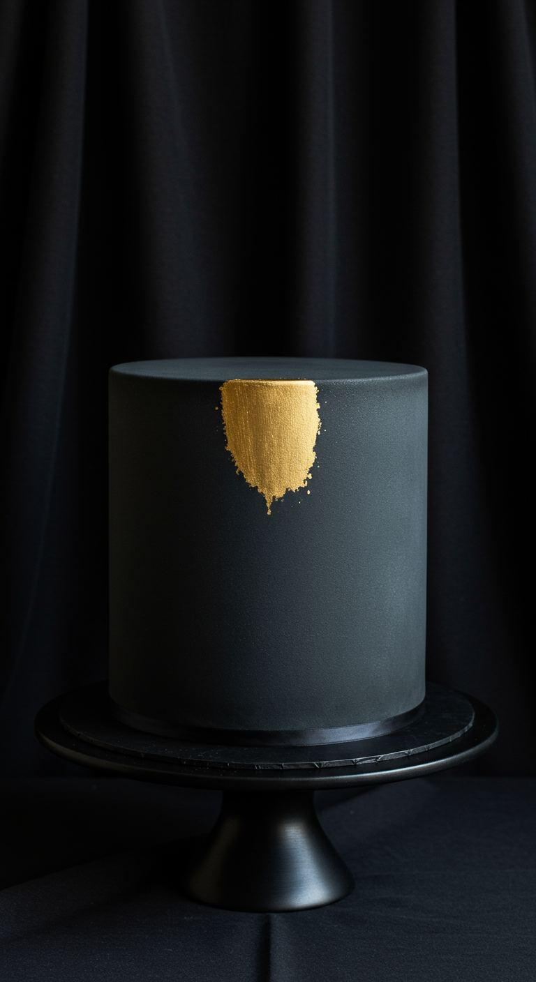 Schwarze, zylindrische Torte mit einem goldenen Pinselstrich-Akzent.