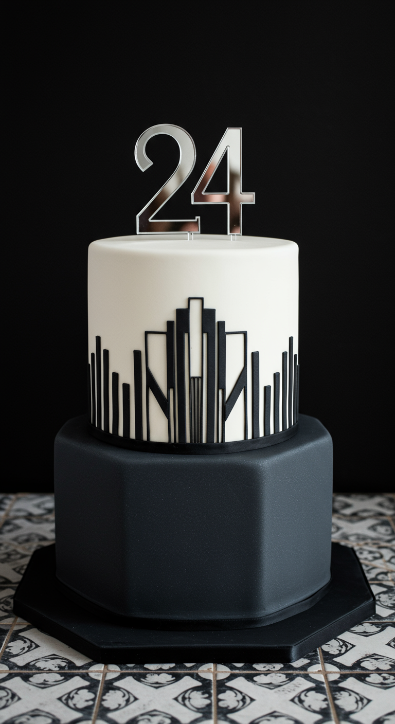 Zweistöckige Torte, unten schwarz, oben weiß mit schwarzer Skyline und Zahl 24.