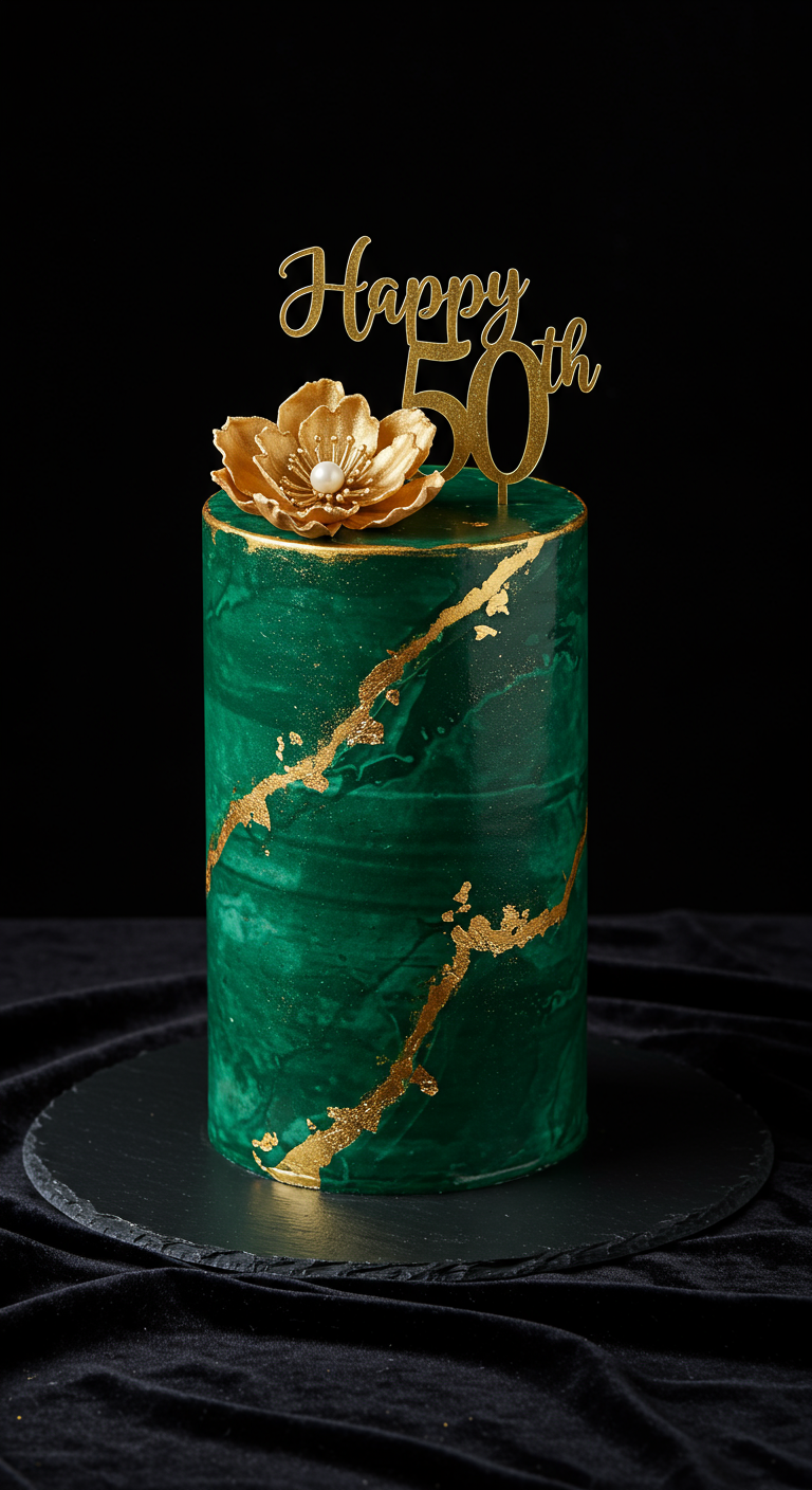 Smaragdgrüne Torte mit goldenen Rissen und goldener Zuckerblume, 'Happy 50th' Topper.