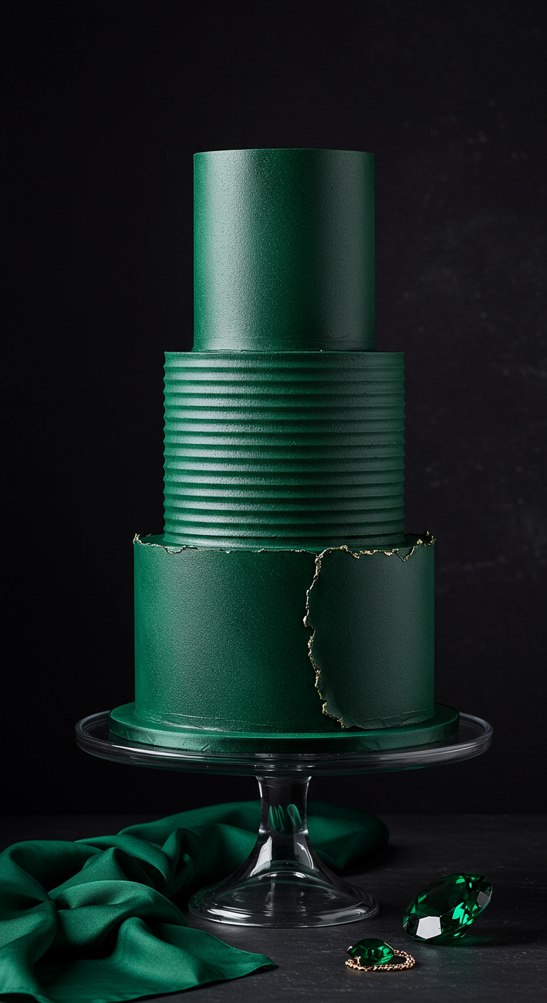 Dreistöckige smaragdgrüne Torte mit horizontalen Rillen und goldenem Akzent an einer Kante.
