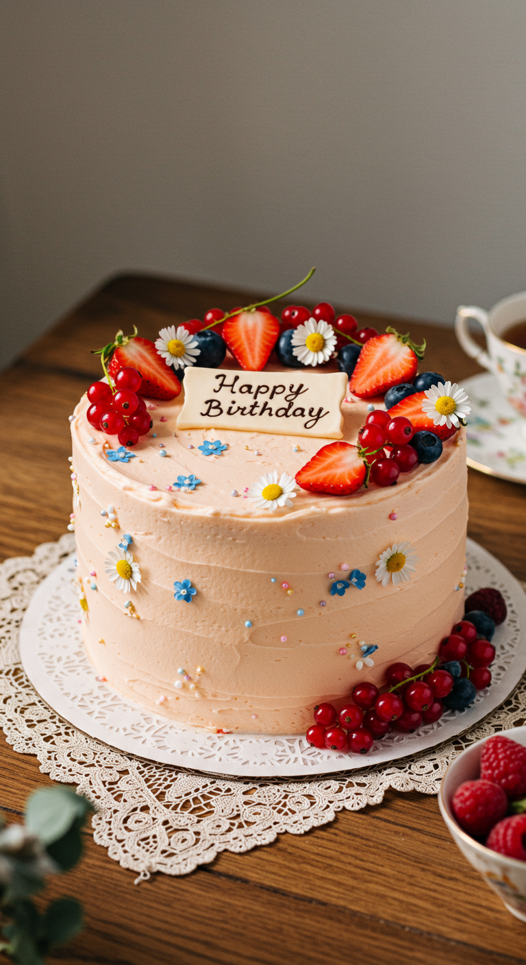 Pfirsichfarbene Torte mit Beeren, Erdbeeren und essbaren Blüten.