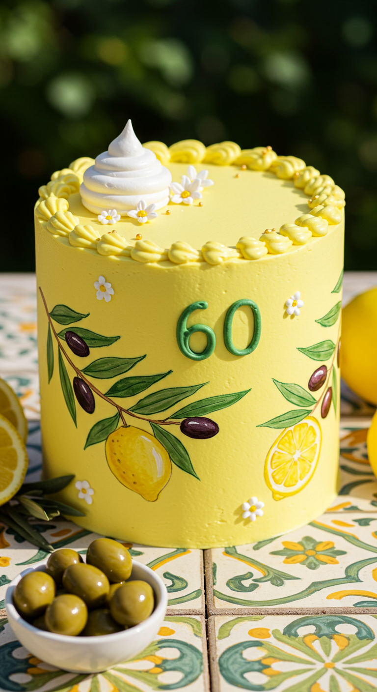 Sonnengelbe Torte mit aufgemalten Olivenzweigen und Zitronen.