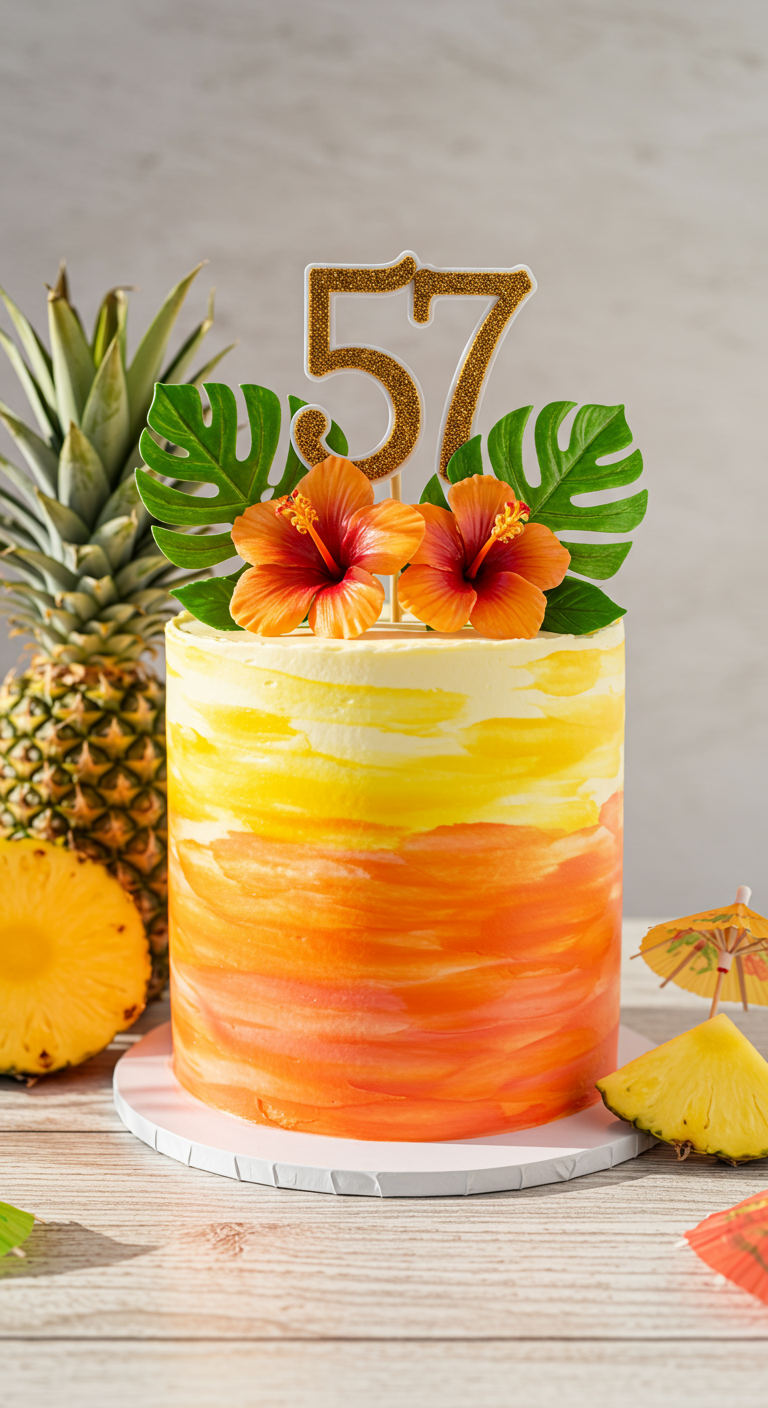 Torte in Sonnenuntergangsfarben mit Hibiskusblüten und Monstera-Blättern.