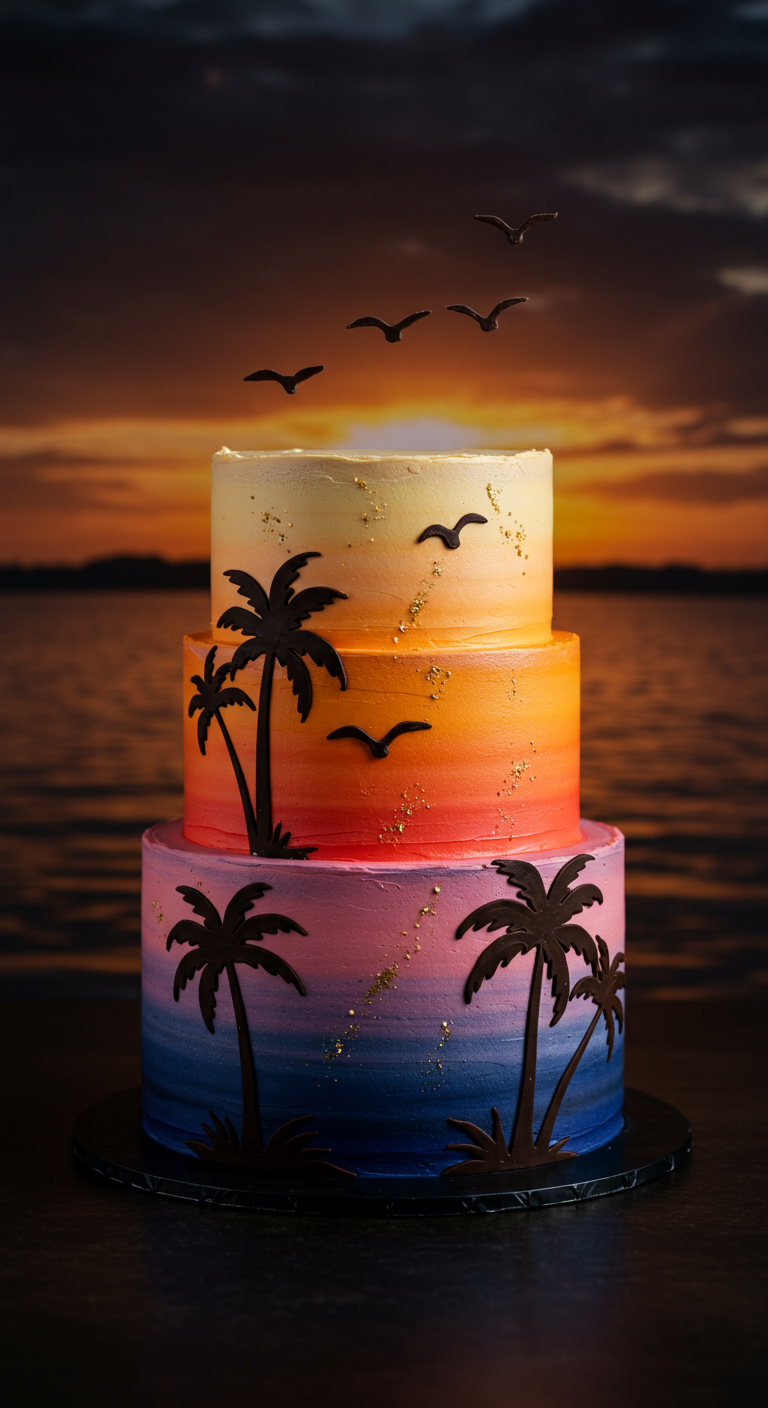 Dreistöckige Torte mit Sonnenuntergangs-Farbverlauf und Palmen-Silhouetten.