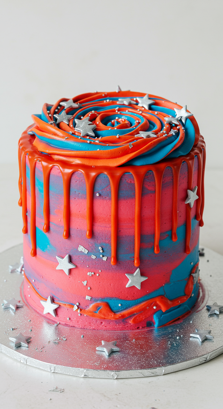 Pink-blau marmorierte Y2K-Torte mit rotem Drip und silbernen Sternen.