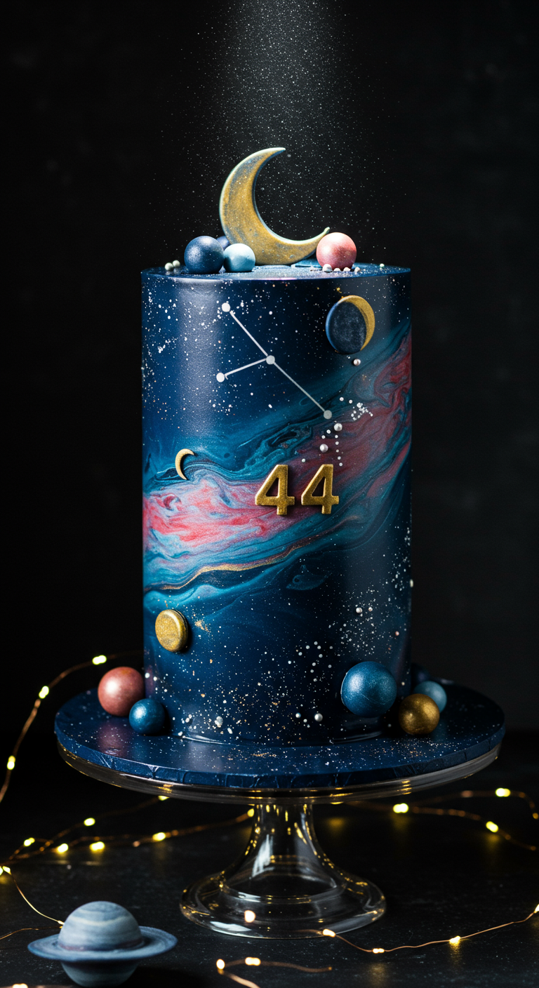 Dunkelblaue Torte mit Galaxy-Effekt, Planeten, Mond, Sternbildern und goldener Zahl 44.