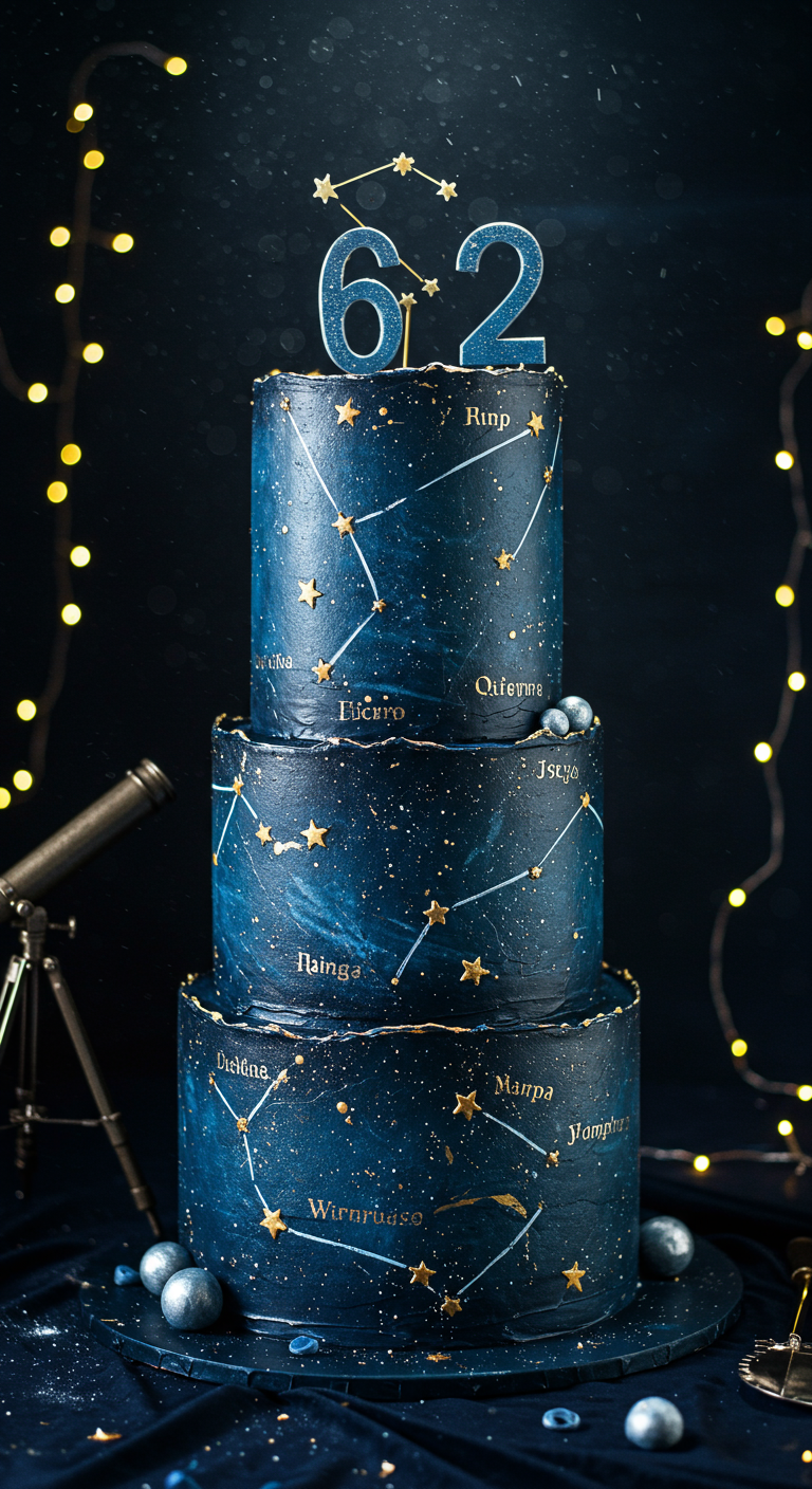 Dreistöckige dunkelblaue Torte mit goldenen Sternbildern und Glitzerakzenten.