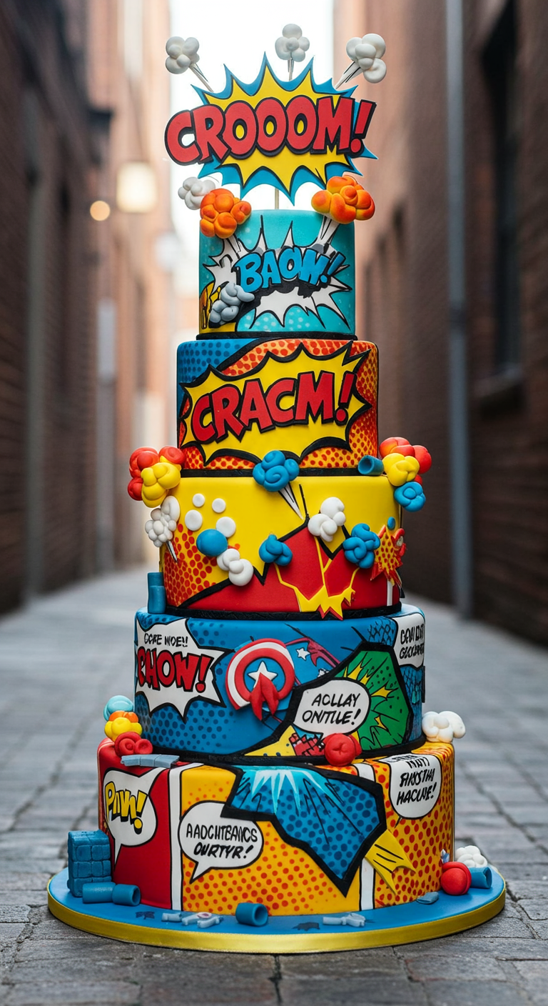 Hohe Comic-Torte mit Sprechblasen und Action-Szenen.