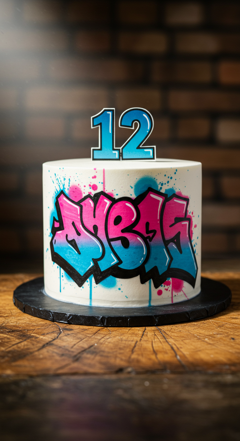 Weiße, runde Torte mit einem bunten Graffiti-Schriftzug und der Zahl 12 als Topper.