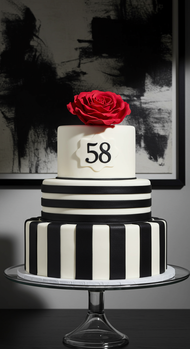 Dreistöckige Torte mit schwarz-weißen Streifen und einer einzelnen roten Rose obenauf.