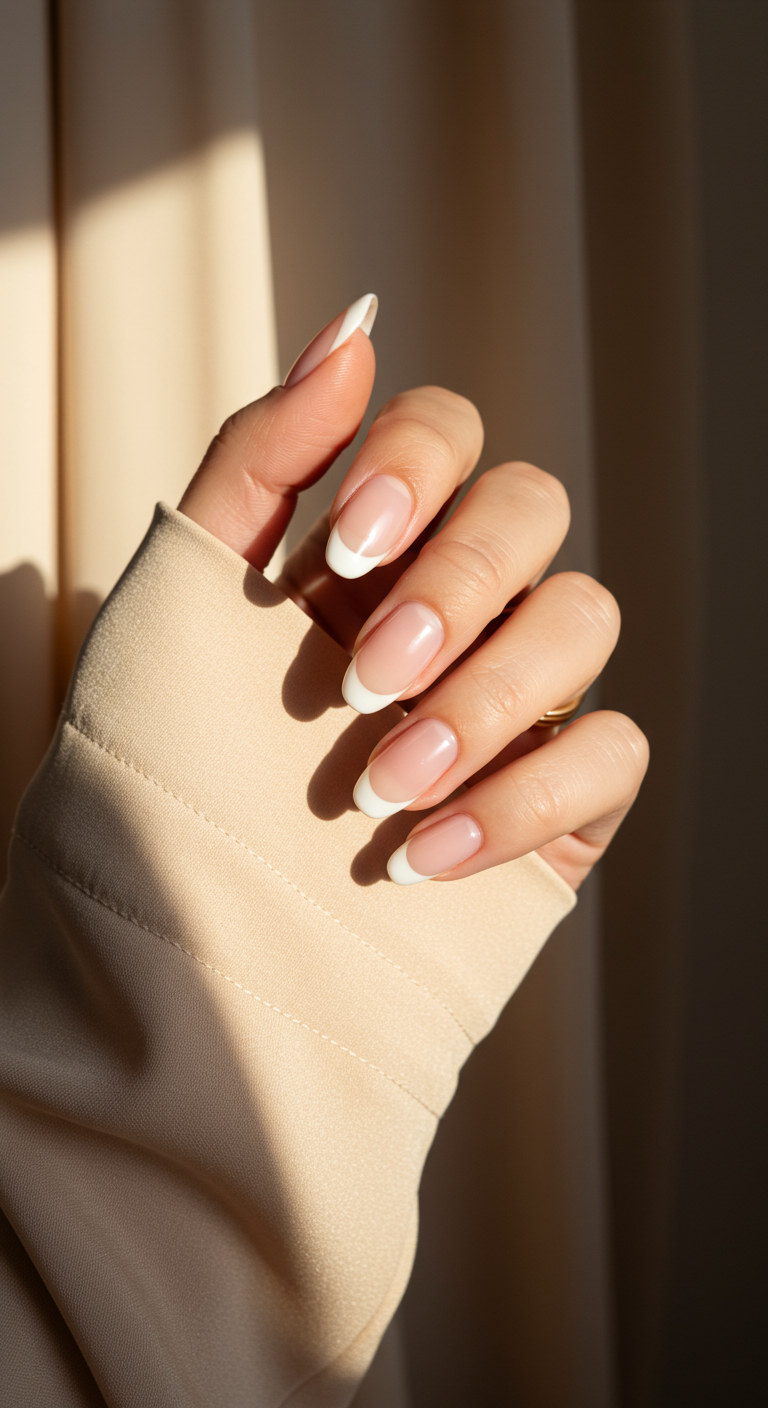 Mandelförmige Nägel mit klassischen weißen French-Tips im Sonnenlicht.