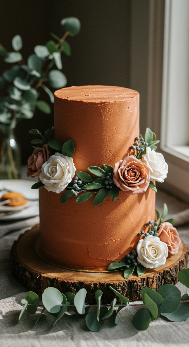 Zweistöckige terrakottafarbene Torte, dekoriert mit einem Kranz aus Rosen und Eukalyptus, auf einer Holzscheibe.