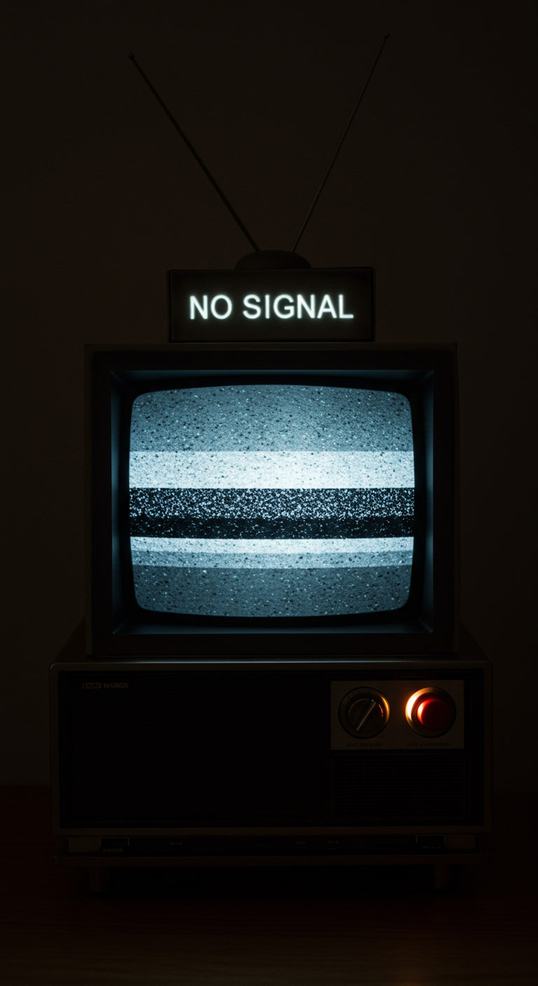 Alter Fernseher als Torte, Bildschirm zeigt Flimmern, oben 'NO SIGNAL'-Schild leuchtend