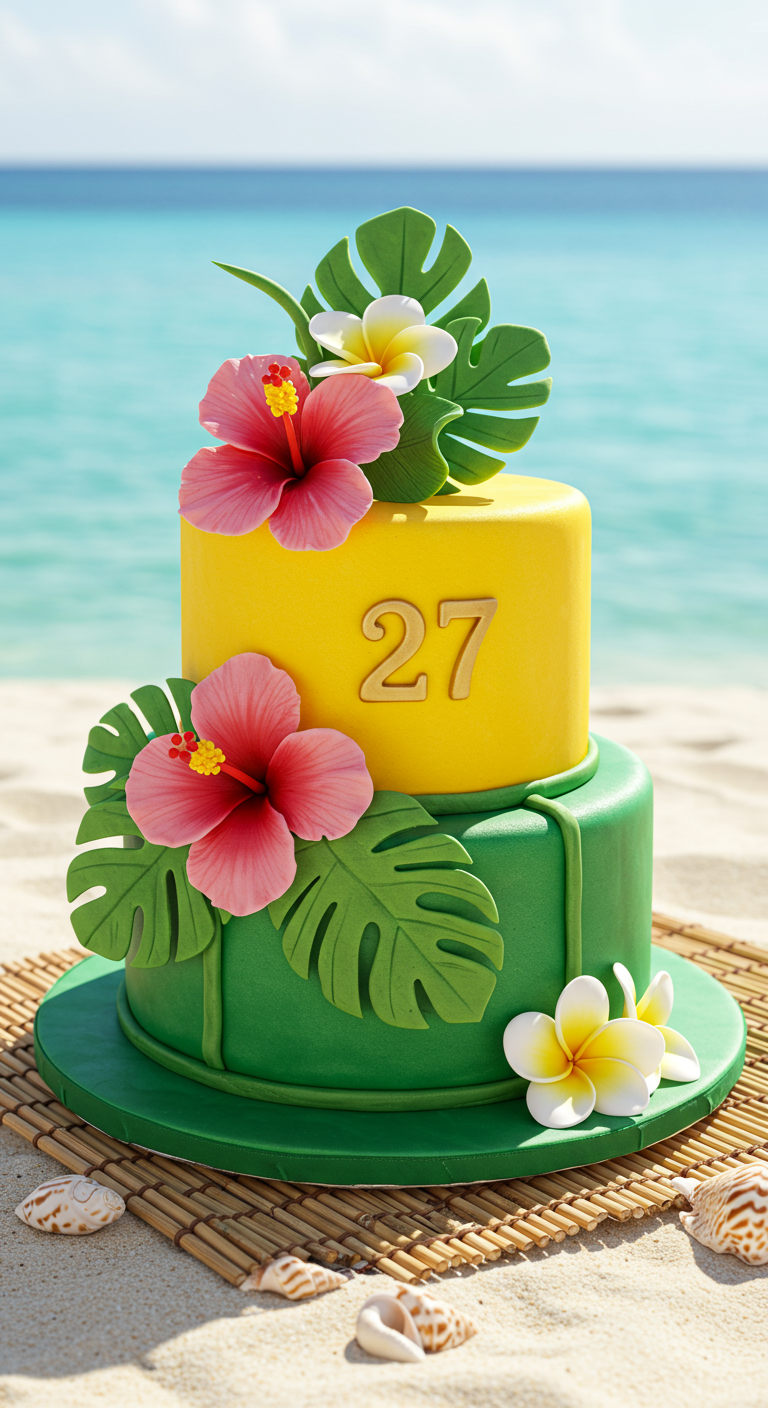Zweistöckige Torte in Gelb und Grün mit tropischen Blüten und Blättern.