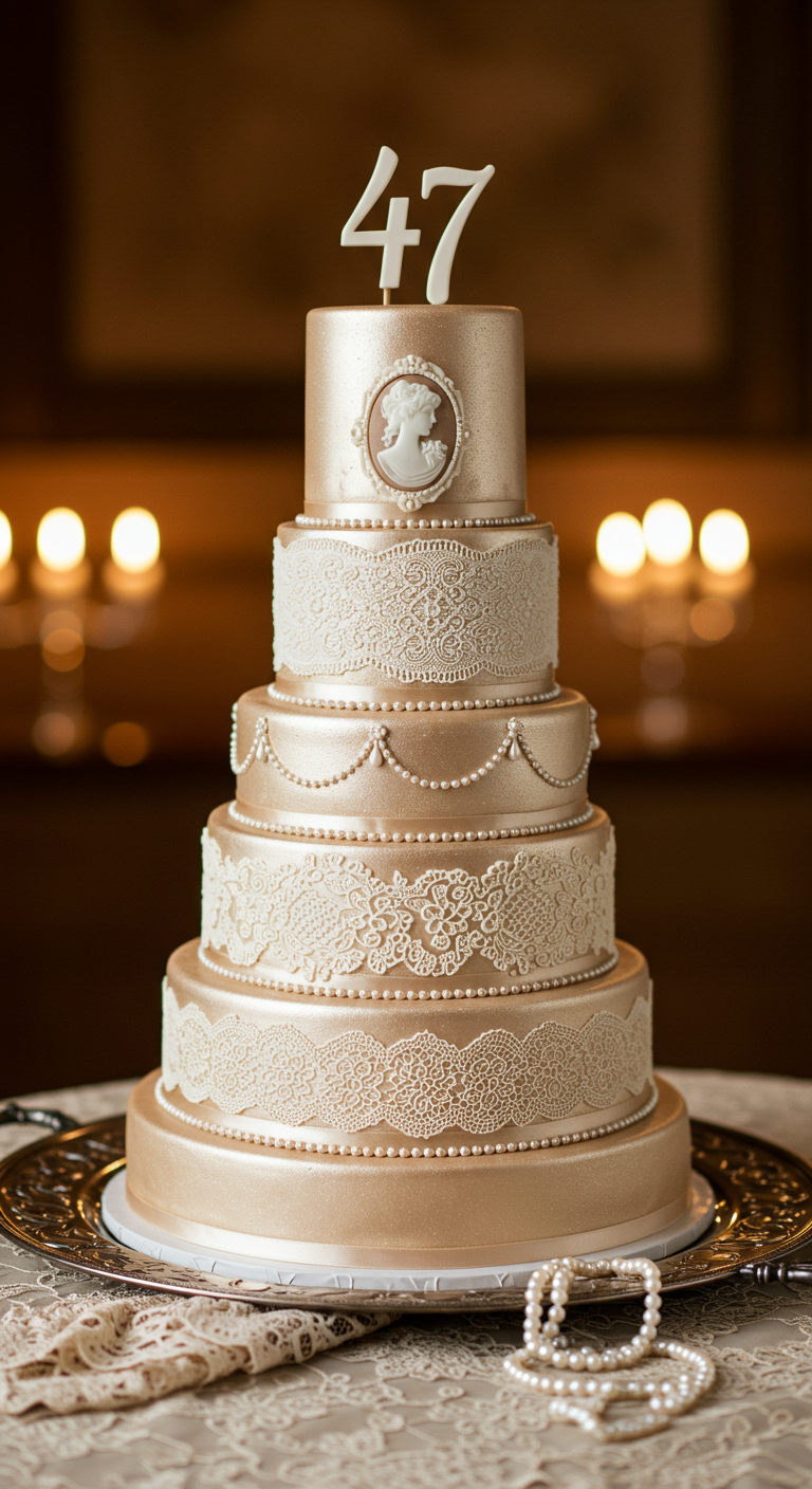 Mehrstöckige champagnerfarbene Torte mit Spitze, Perlen und Cameo.