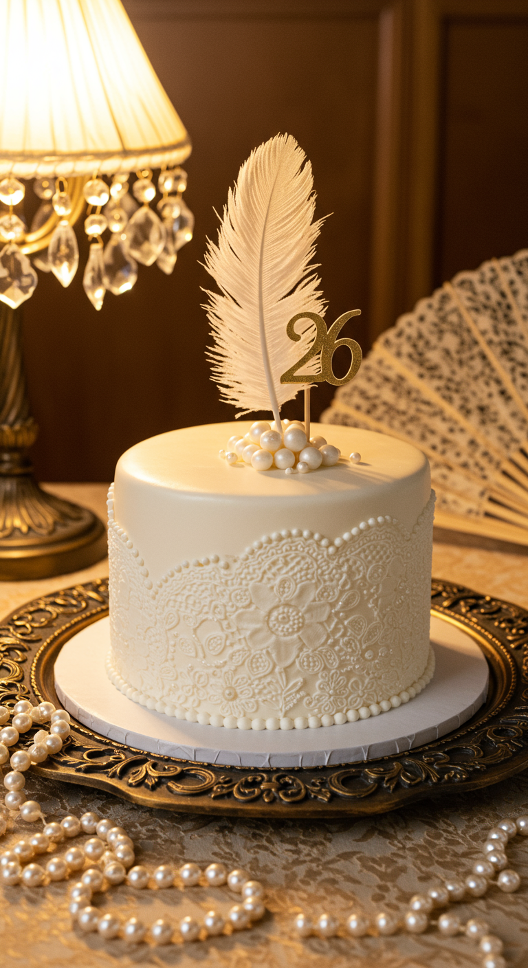 Weiße Vintage-Torte mit Spitze, Feder, Perlen und Zahl 26.