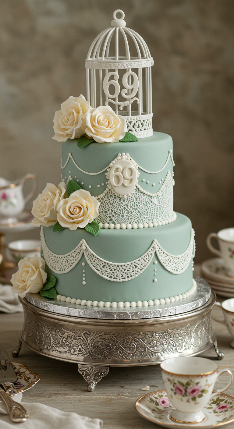 Zweistöckige mintgrüne Torte mit weißen Zuckerrosen und Spitzen-Details, Zahl 69 im Vogelkäfig.