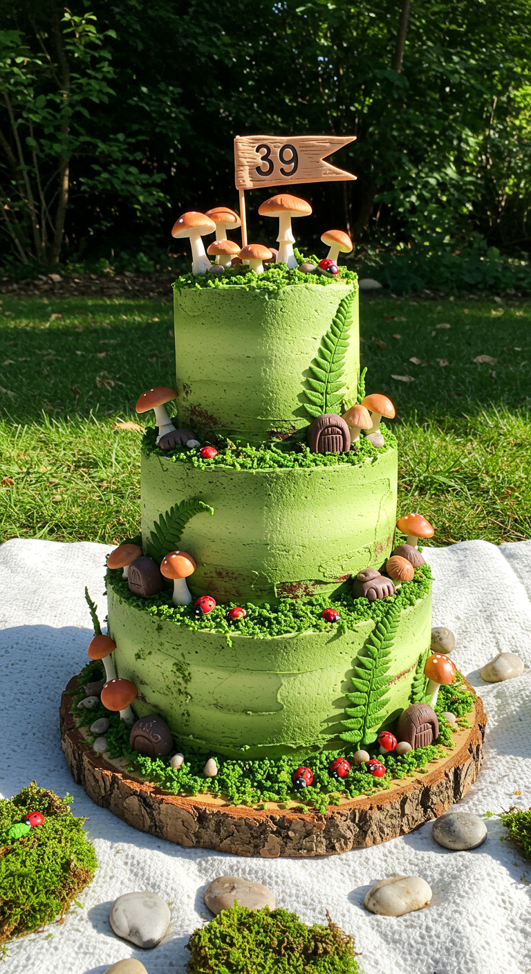 Dreistöckige grüne Torte mit Pilzen und Farnen dekoriert.