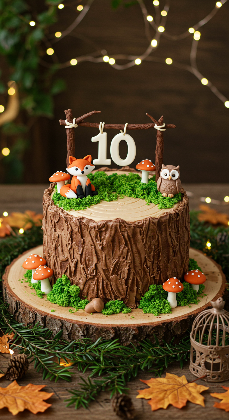 Torte in Baumstamm-Optik mit Waldboden, Fuchs, Eule und Pilzen aus Zucker.