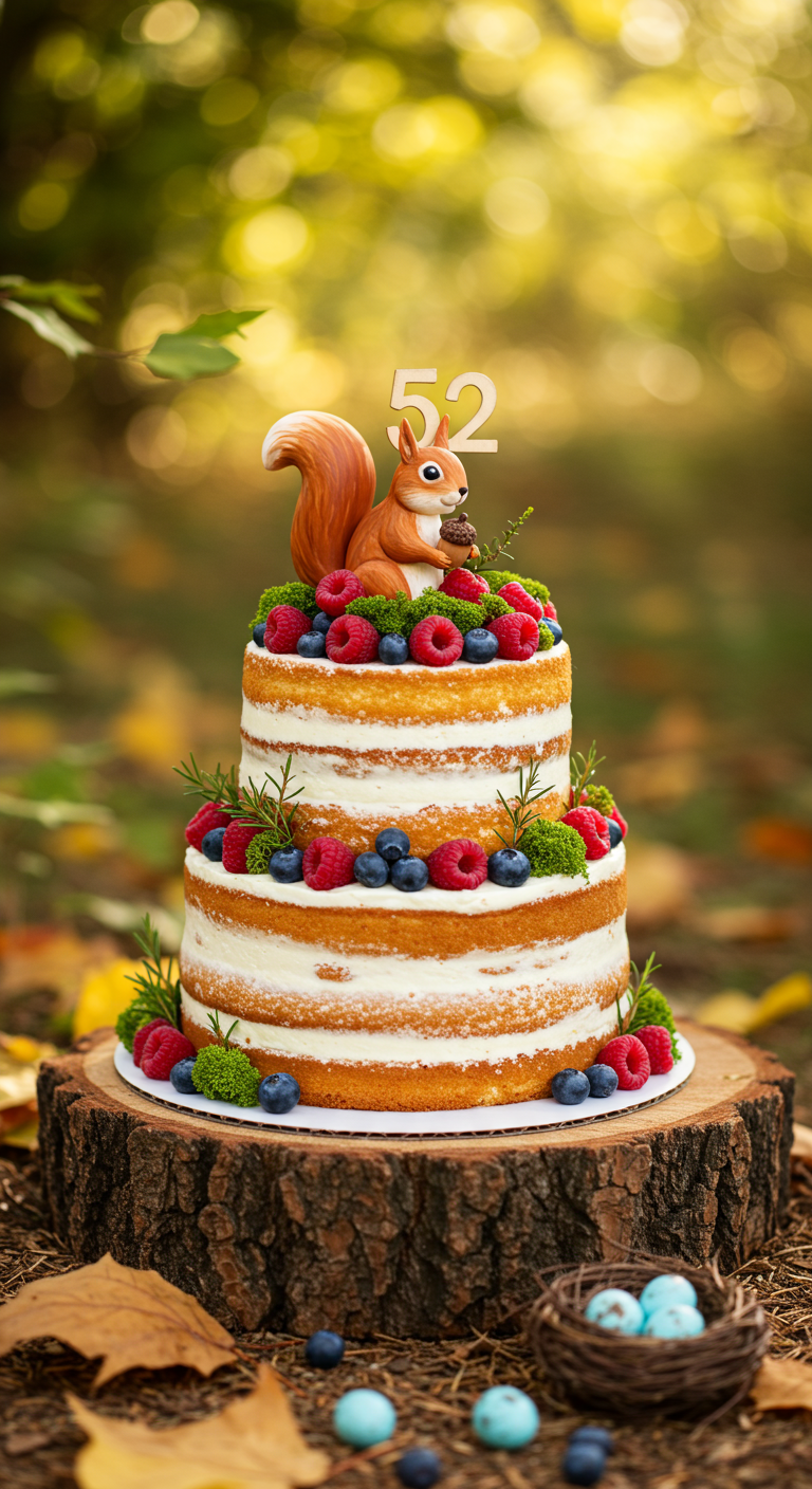 Zweistöckiger Naked Cake mit Beeren, Rosmarin und Eichhörnchen-Topper.