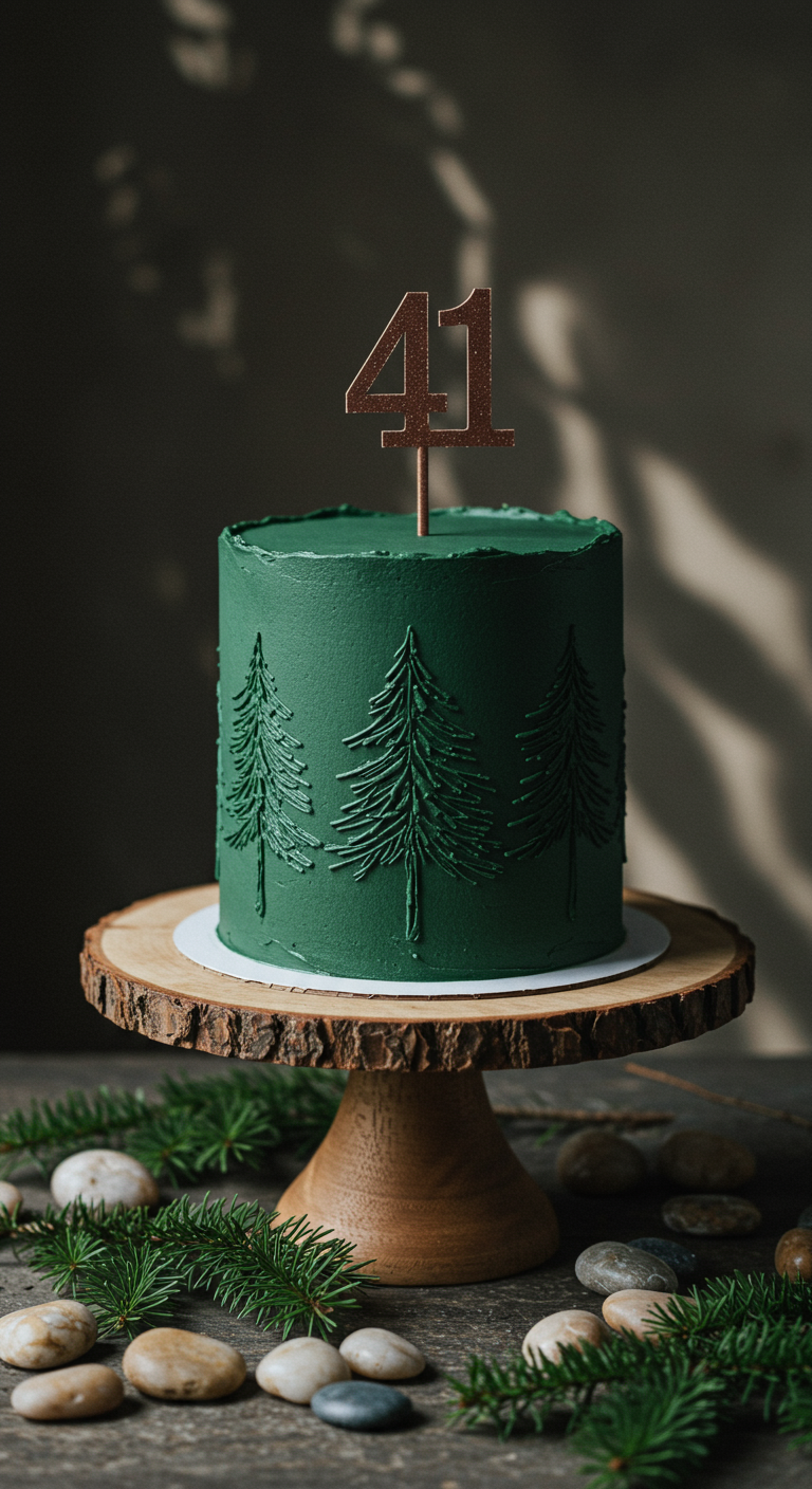 Dunkelgrüne Torte mit stilisierten Tannenbäumen und „41“-Topper aus Kupfer.