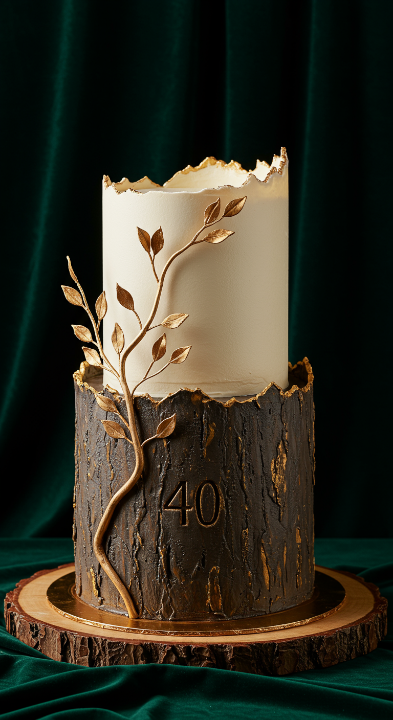 Zweistöckige Torte, unten Baumrinde, oben weiß, goldener Ast, Zahl 40.