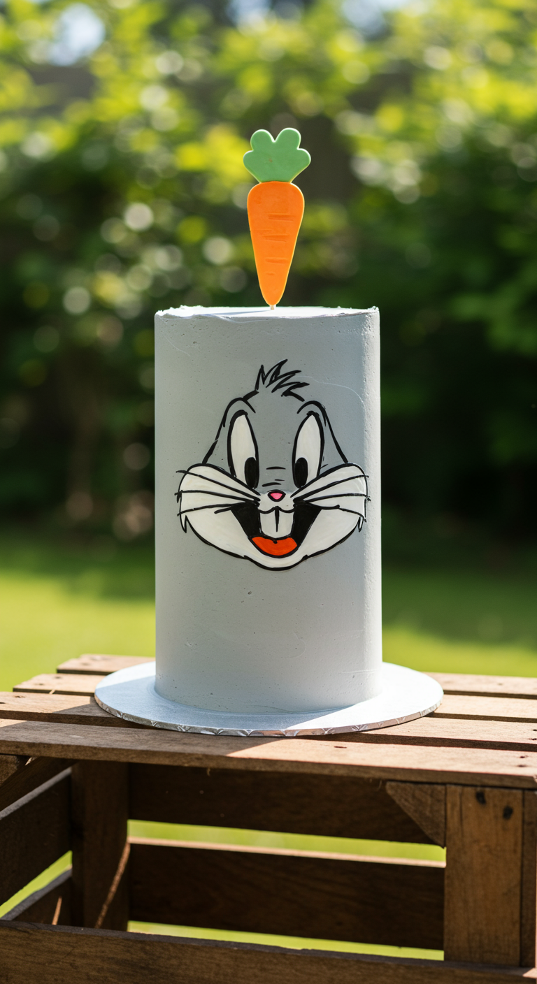 Graue Torte mit Bugs Bunny Gesicht und Karotten-Topper.