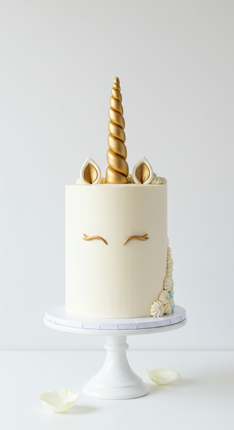 Minimalistische weiße Einhorntorte mit goldenen Wimpern und dezenten pastellfarbenen Akzenten.