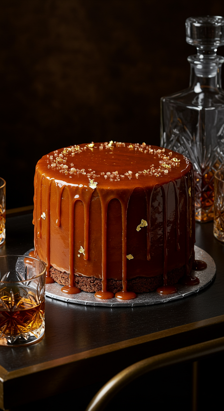 Dunkle Schokotorte mit Karamellglasur, Blattgold und Whiskeyglas.
