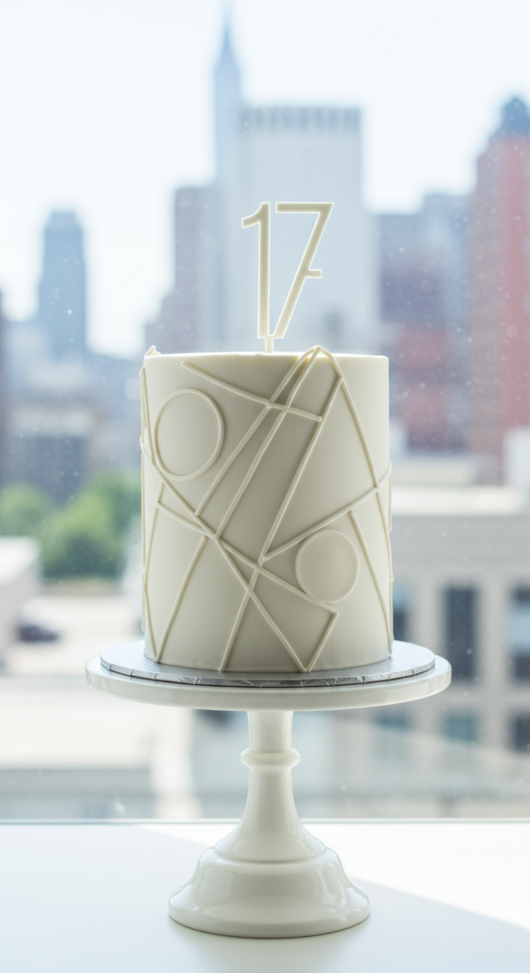 Weiße Torte mit abstrakten weißen Linien und Zahl 17.
