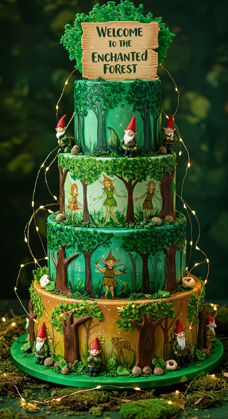 Mehrstöckige Waldtorte mit handgemalten Feen, Gnomen und Bäumen.