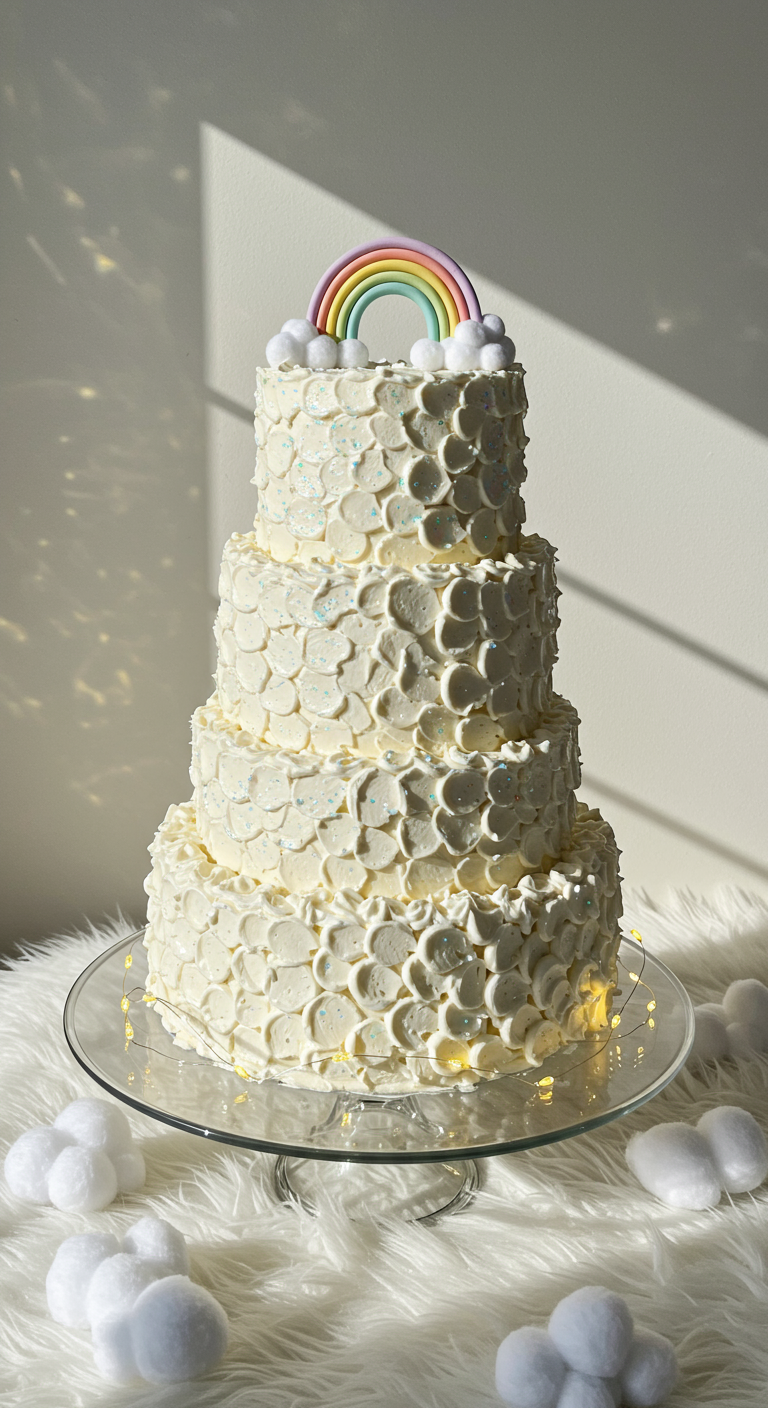 Mehrstöckige weiße Torte mit Schuppenmuster, Glitzer und Regenbogen-Topper.