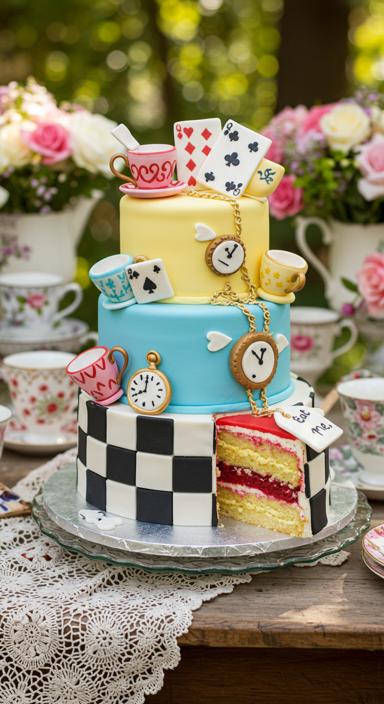 Alice im Wunderland Torte mit Schachbrettmuster, Uhren und Karten