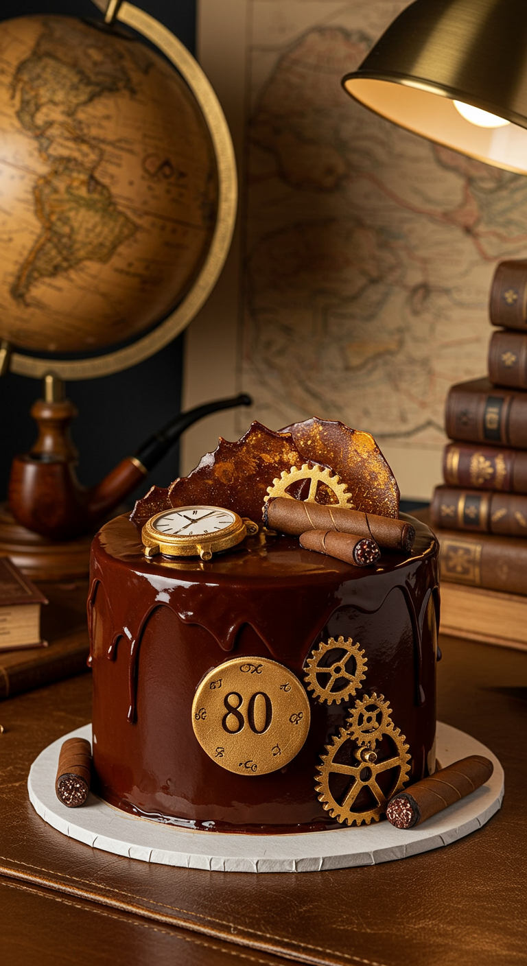 Schokoladenglasierte Torte mit goldenen Zahnrädern, Uhr und Schokoladenzigarren.